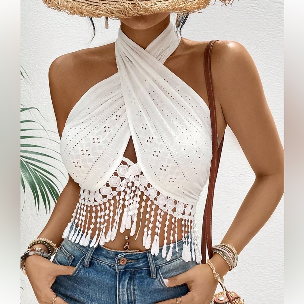 Boho Sheer Eyelet Lace Crisscross Halter Neck Tie Tassel Fringe Crop Top Bra Top - Picture 1 of 2